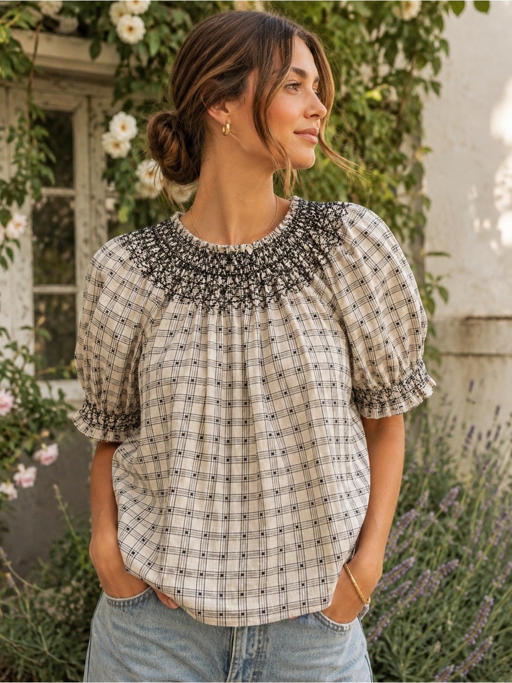 THE GREAT. Beige Plaid Smocked Puff Sleeve Top #1080CL
